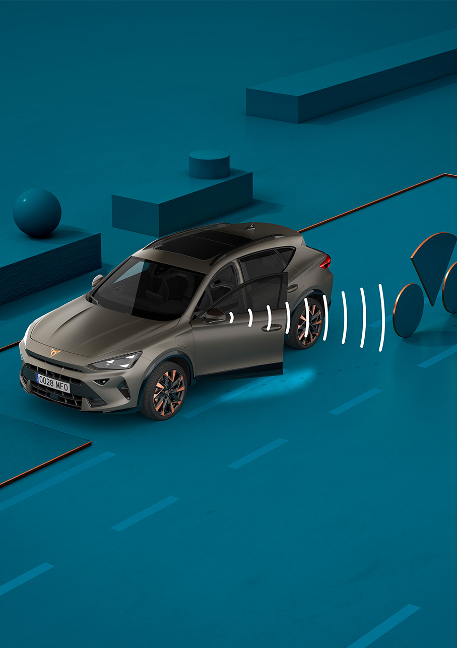 How to use new CUPRA Formentor 2024 exit warning system, visual demo with shapes and blue background.