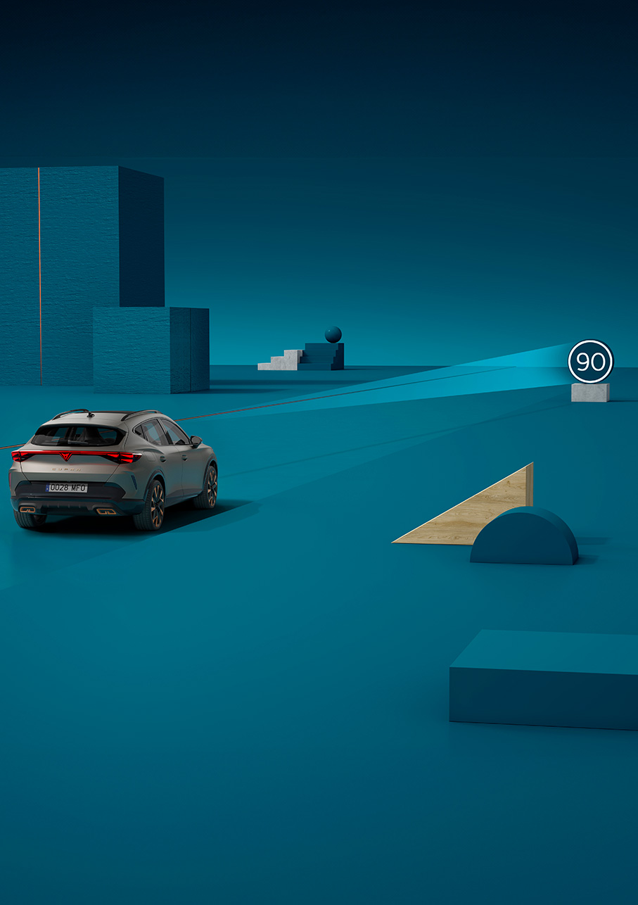 New CUPRA Formentor 2024 traffic sign recongnition demonstration, blue background.