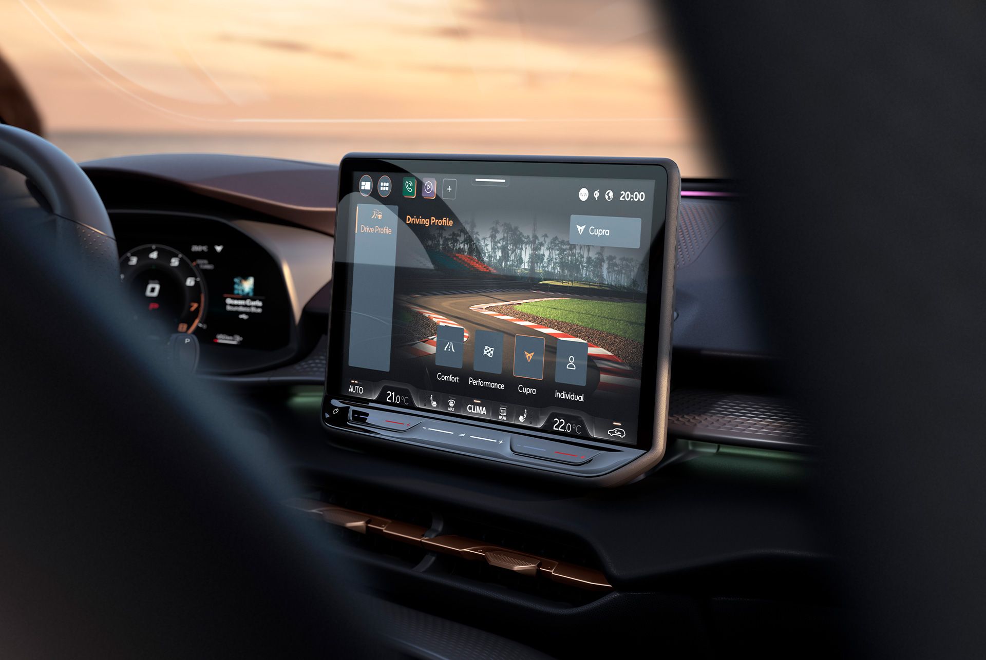 cupra terramar's 12.9" infotainment system displaying the new dynamic chassis control (dcc) feature, which boosts driving dynamics with adaptive damper.