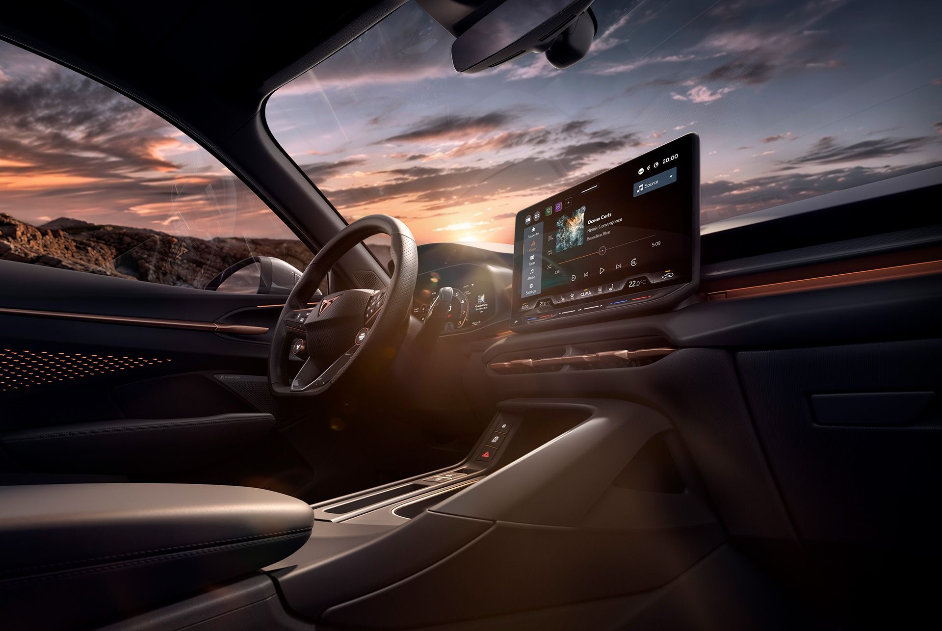 new cupra terramar 2024 interior car technology featuring a 12.9 inch infotainment system, heated steering wheel with satellite buttons, and a central console. dashboard view. 