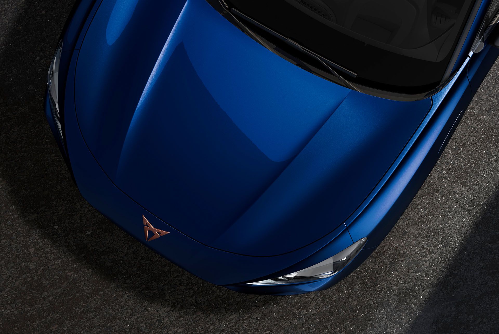 CUPRA terramar, cosmos blue colour, top-down view of the front hood and headlights.