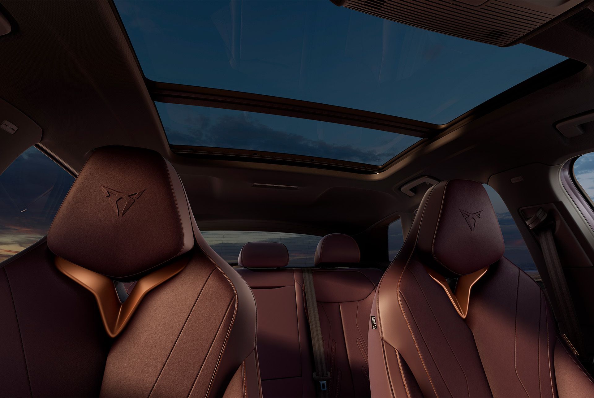 cupra terramar's high canyon interior with a panorama electric sunroof, maximising natural light and creating a spacious atmosphere, leather seats front view.